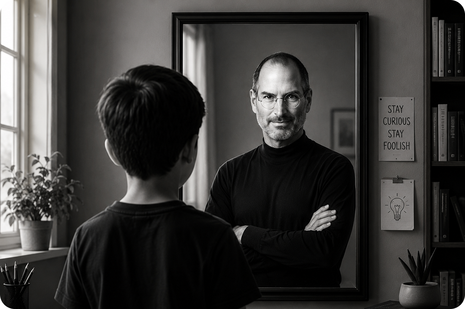 Child looking in mirror seeing Steve Jobs