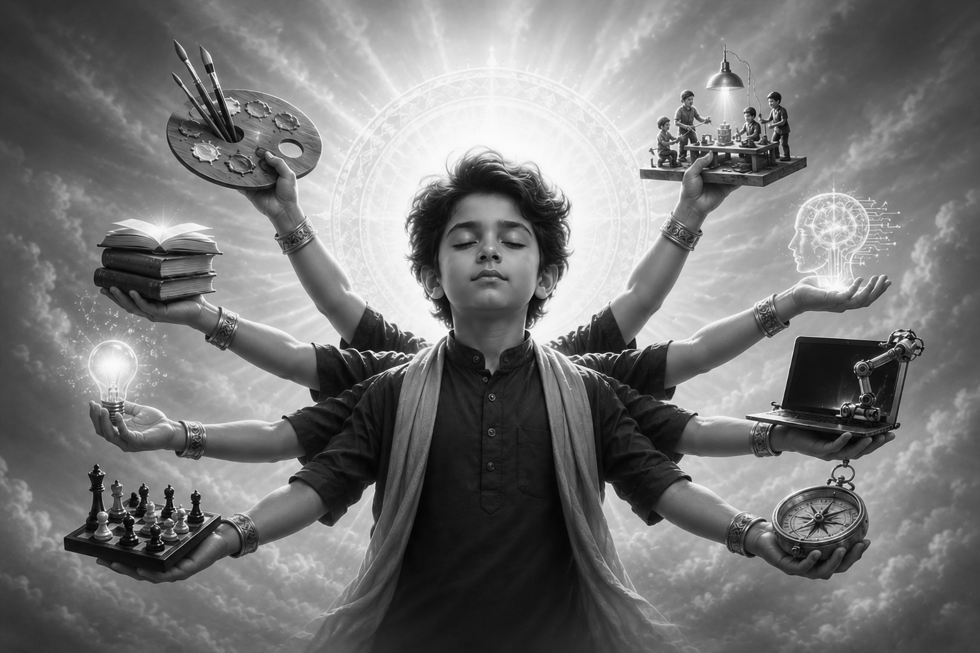 Child with many arms holding symbols of creativity, knowledge and craft