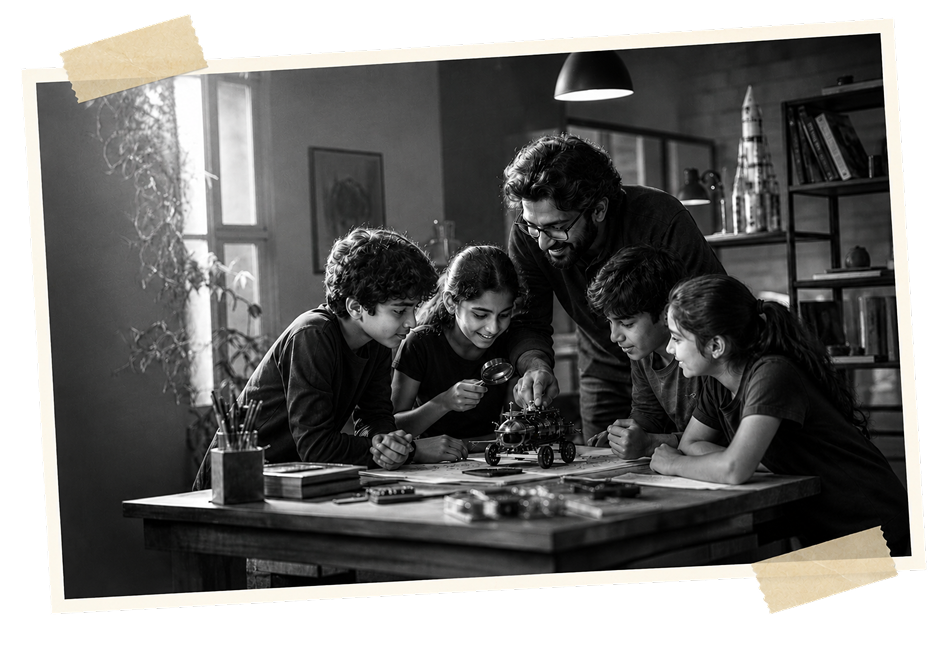 Mentor and children exploring a project together