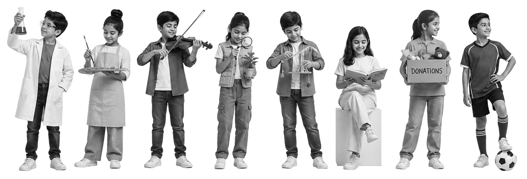 Children exploring science, art, music, nature, engineering, reading, community and sports