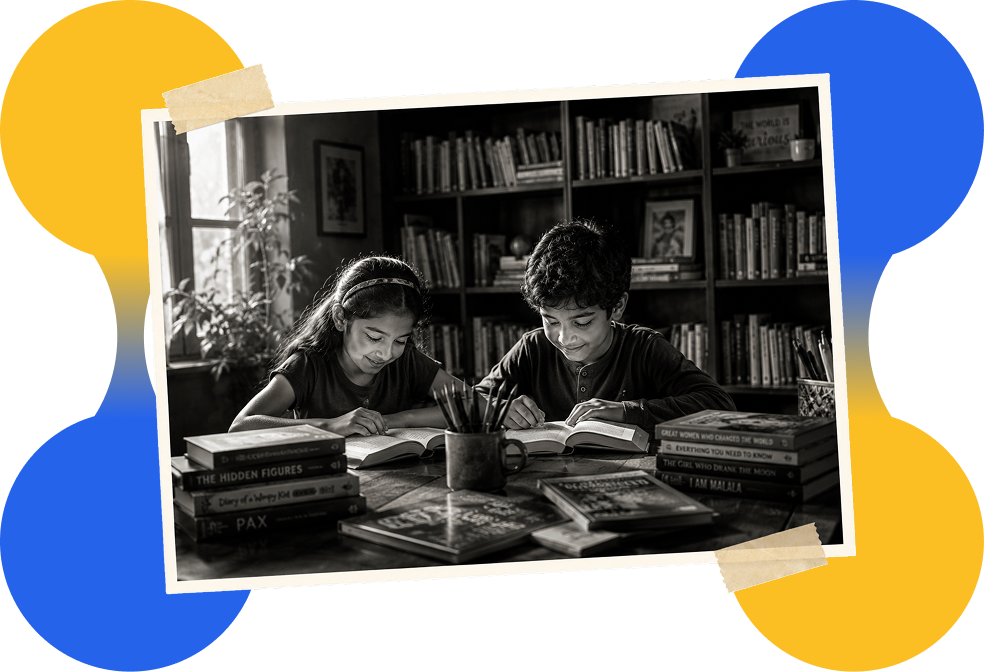 Two children reading together, surrounded by playful yellow and blue shapes
